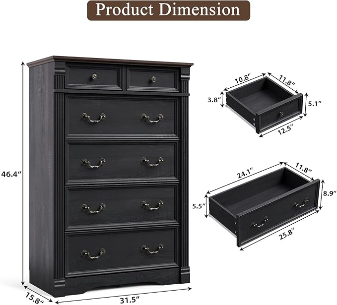 Yaamizz Farmhouse Dresser for Bedroom, 47" Tall 6 Drawer Dresser Storage with Wood Pilasters and Metal Handles, Vintage Design, Drawer Organizer for Bedroom, Hallway, Black