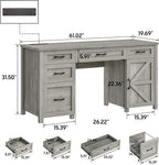 Farmhouse 61'' Executive Desk with 5 Drawers, Rustic Office Desk Computer Desk with Charging Station, File Drawers and Storage Cabinet, Wood Workstation for Home Office and Study, Gray