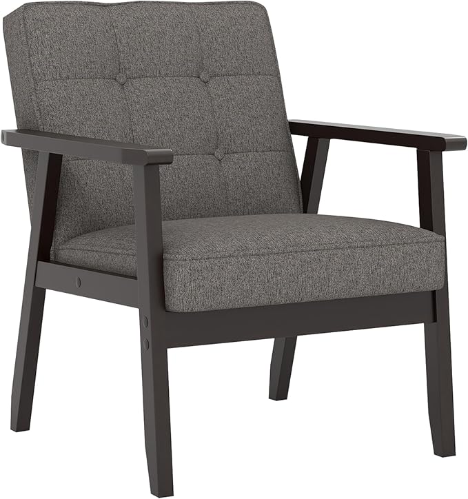 Modern Accent Chair with Arm Rest, Upholstered Linen Fabric Leisure Chair Comfy Side Chair with Backrest Button and Wooden Frame for Living Room Bedroom Reading(Gray)