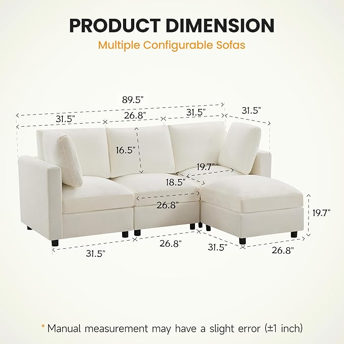 3-Seater Modular Sectional Cloud Sofa with Ottoman, L-Shaped Couch for Living Room, Modern Convertible Deep Seats Sofa, Chenille Beige