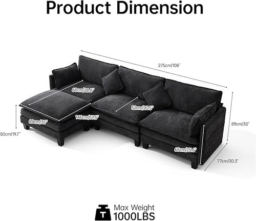 108" Modular Sectional Couches for Living Room with Ottoman, L Shaped Cloud Couch with Charger, USB & Type-c Port, Comfy Sofas with Deep Seat, Chenille Fabric, Black