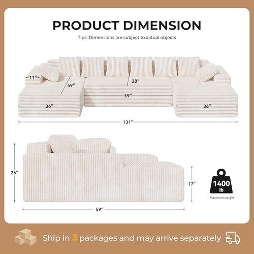 131'' Cloud Sectional Couches with Chaise Lounge, U-Shaped No Assembly Required Deep Seat Modular Sofa for Living Room 1PCS, Bedroom