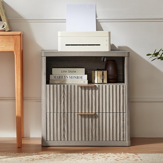 LEYAOYAO Fluted Nightstand with Charging Station, 23" Wide 2 Drawers End Table,Grey Night Stand with Open Storage Cabinet, Farmhouse Bed Side Tables, Wood Dresser for Bedroom, Living Room, Closet