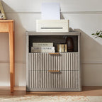 LEYAOYAO Fluted Nightstand with Charging Station, 23" Wide 2 Drawers End Table,Grey Night Stand with Open Storage Cabinet, Farmhouse Bed Side Tables, Wood Dresser for Bedroom, Living Room, Closet