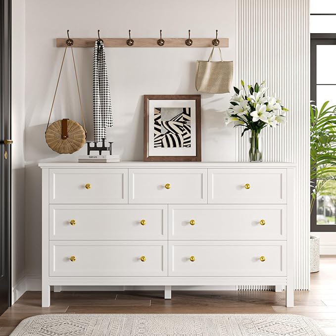 White Dresser for Bedroom with Gold Handle Modern 7 Drawer Dresser, Wood Chest of Drawer Closet Clothes Storage Organizer for Living Room, Hallway, TV Stand, 55 Inch