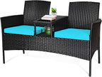 COSTWAY 2-Seat Patio Conversation Sets, Outdoor Patio Loveseat Set with Removable Cushions & Built-in Coffee Table for Backyard, Garden, Lawn, Balcony, Black+Turquoise