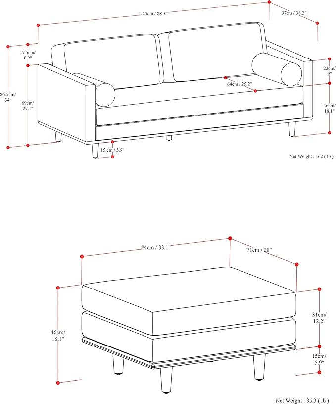 SIMPLIHOME Morrison Mid-Century Modern 89 inch Wide Sofa with Ottoman Set in Caramel Brown Genuine Leather for the Living Room and Family Room