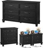 Farmhouse Bedroom Dresser and Nightstand Set of 4, 6 Drawer Low & 5 Drawers Dresser & 2 Drawer Nightstand Set, Rustic Wood Bedroom Furniture Set for Livingroom, Hallway, Black