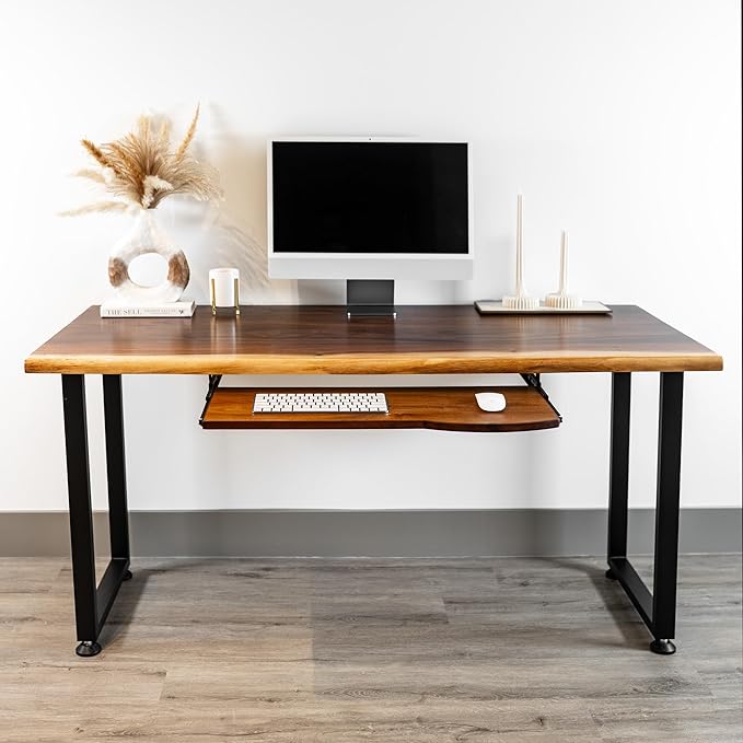 Wood Computer Desk with Keyboard Tray - 48x27 Solid Wood Desk, Live Edge Walnut Desk, Sturdy Metal Legs - Scratch and Stain Resistant Finish - Premium Quality