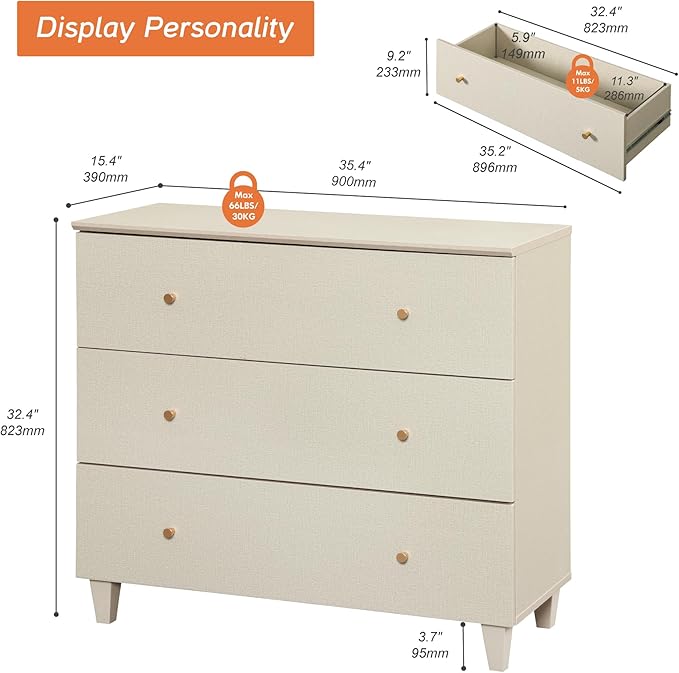 WAMPAT 3-Drawer Kids Dresser for Bedroom, Modern Small Chest of Drawers with Gold Knobs, 35 Inch Wide Linen Printed Finish Wood Children Dresser for Baby Room, Nursery, Living Room, Dark Beige