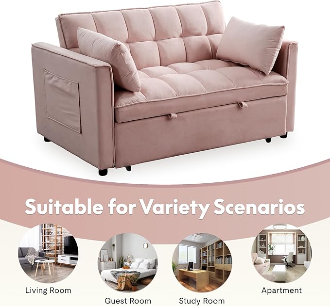 FLEXISPOT XCT4 Pull Out Couch for Small Spaces, 3-in-1 Convertible Loveseat Sofa Bed with Adjustable Backrest, Compact Futon Sofa Bed Twin Sleeper Loveseat for Apartment Dorm RV Guest Room,Pink