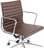Ribbed Office Chair Top Grain Leather Desk Chair Mid Back Genuine Leather Swivel Chairs with Aluminum Alloy Arms & Base, with Silent Wheels, High Adjustable and Tilting Function,Brown