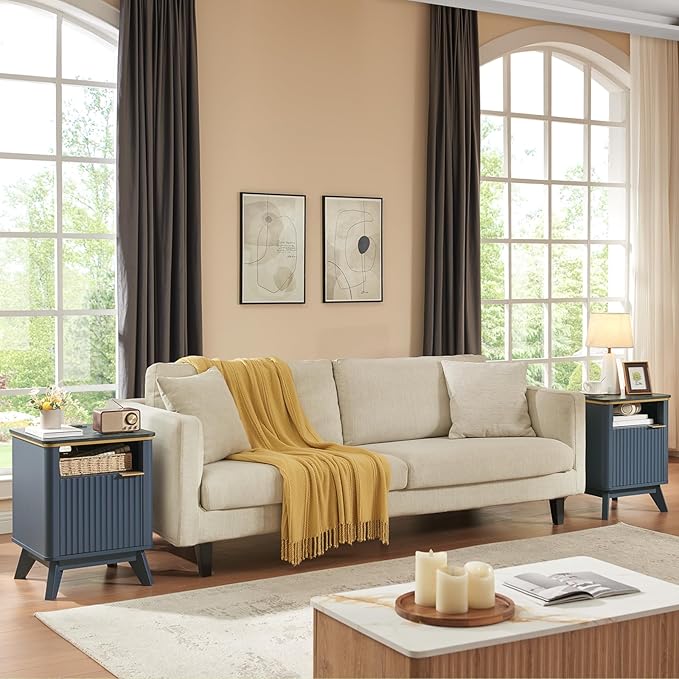 QUW Fluted Nightstands Set of 2 with Charging Station, 18" Modern Side Table, Wooden Bedside Table with Faux Marble Top, Open Storage, Cabinet, End Table for Bedroom, Living Room, Navy Blue