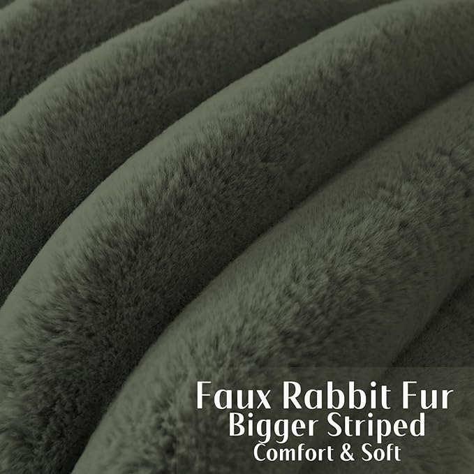 FUTEI Olive Green Decorative Throw Pillow Covers 18x18 Inch Set of 2, Square Soft Faux Rabbit Fur Big Striped Cushion Cover,Home Decor for Couch Sofa Bed Living Room