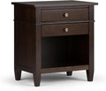 SIMPLIHOME Carlton Bedside Table - 24 inch Wide Solid Wood Nightstand Table in Dark Tobacco Brown, Transitional Bedroom Side or End Table with 2 Drawers, Open Storage Shelf and Bronze Hardware