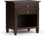 SIMPLIHOME Carlton Bedside Table - 24 inch Wide Solid Wood Nightstand Table in Dark Tobacco Brown, Transitional Bedroom Side or End Table with 2 Drawers, Open Storage Shelf and Bronze Hardware