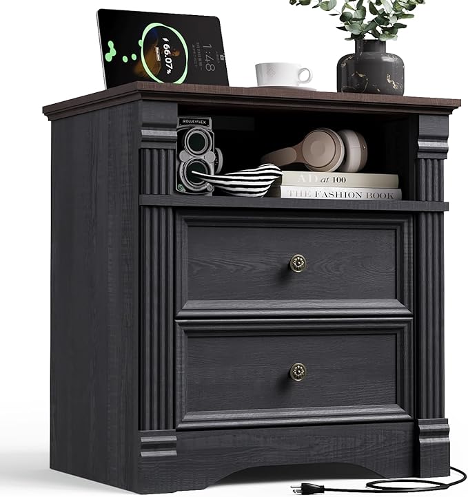 Yaamizz Farmhouse Nightstands with Charging Station, Table with Drawer and Storage Shelf, Wood Pilasters and Metal Handles, Vintage Design, Organizer for Bedroom, Hallway, Black
