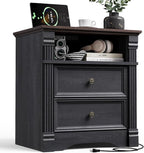 Yaamizz Farmhouse Nightstands with Charging Station, Table with Drawer and Storage Shelf, Wood Pilasters and Metal Handles, Vintage Design, Organizer for Bedroom, Hallway, Black