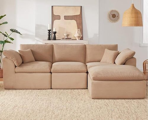 112" Cloud Sectional Couch, Boneless couches for Living Room, L Shaped Couch with Convertible Ottoman, Modular Sectional Sofa with Deep Seat, Comfy Soft Cushions, No Assembly, Camel