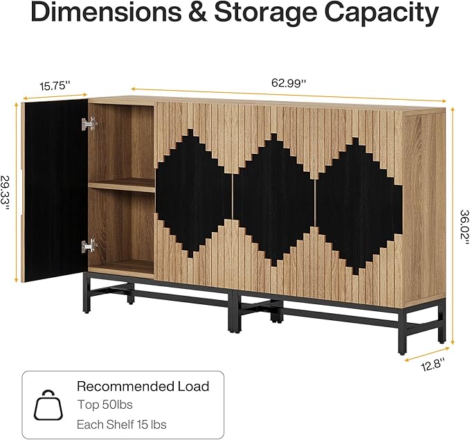 Tribesigns 63'' Farmhouse Sideboard Buffet Cabinet with Storage & Doors, Tall Vintage Credenza Wood Coffee Accent Cabinet for Kitchen, Dining Room, Living Room
