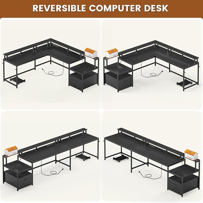 SEDETA L Shaped Gaming Desk, 66" Home Office Desk with Wood File Drawer & Power Outlet, Corner Gaming Computer Desk with Led Lights, Monitor Shelf and Printer Storage Shelves, Two Person Desk, Black