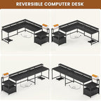 SEDETA L Shaped Gaming Desk, 66" Home Office Desk with Wood File Drawer & Power Outlet, Corner Gaming Computer Desk with Led Lights, Monitor Shelf and Printer Storage Shelves, Two Person Desk, Black