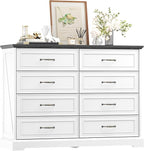 8 Drawer Dresser for Bedroom, 47" Wide Wooden Chest of Drawers, Rustic Farmhouse Dresser with Large Drawers & Metal Handles, Modern Storage Organizer for Closet, Living Room, Hallway, White