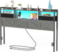 King Size Headboard with Drawers, Outlets & USB Ports,Sturdy Wood Bed Frame with Adjustable Height, Built-in LED Lighting (Grey, King 75.2 * 7.08 * 45.7)