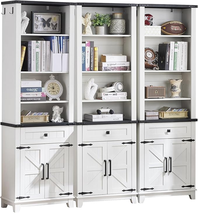 72in Tall Bookshelf 7 Tier Bookcase with Drawer and Barn Doors and Adjustable Shelves, White Farmhouse Book Shelf with Storage Cabinet, Wood Freestanding Display Bookshelves for Kitchen (3PCS)