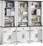72in Tall Bookshelf 7 Tier Bookcase with Drawer and Barn Doors and Adjustable Shelves, White Farmhouse Book Shelf with Storage Cabinet, Wood Freestanding Display Bookshelves for Kitchen (3PCS)