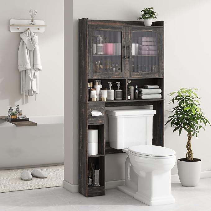 Over-The-Toilet Storage Cabinet, Farmhouse Style with 2 Acrylic Waves Doors, Space-Saving Home Storage Rack for Restroom, Bathroom and Laundry Room