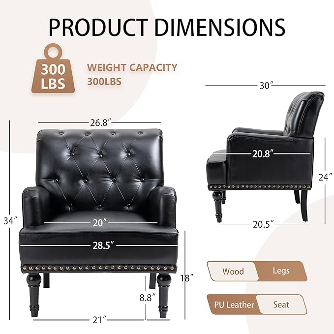 MOJAY Faux Leather Accent Chair, Mid-Century Armchair Living Room Sofa Chair with Rubber Wood Leg, Club Chair with Rivet Trim for Bedroom Reading Room Reception (Black)