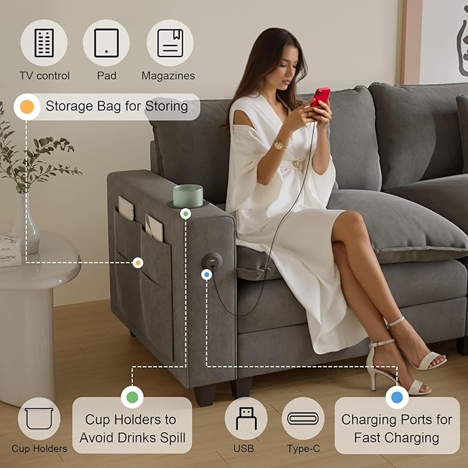 Cloud Couch, Modular Sectional Sofa with Ottoman, Charging Station, Throw Pillows, Cup Holders, Modern Convertible L Shaped Couches for Living Room, Bedroom (Grey, 116"- U Shape)