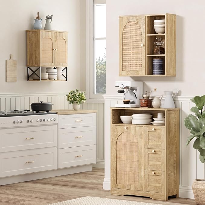 Rattan Bathroom Wall Cabinet, Boho Medicine Wall Cabinet with Double Doors and Adjustable Shelves, Tall Kitchen Wall Mounted Storage Cabinet, Floating Space Saver Over Toilet, Natural