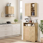 Rattan Bathroom Wall Cabinet, Boho Medicine Wall Cabinet with Double Doors and Adjustable Shelves, Tall Kitchen Wall Mounted Storage Cabinet, Floating Space Saver Over Toilet, Natural