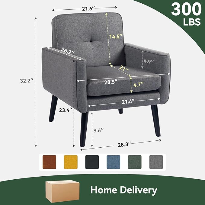 Mid Century Accent Chair, Fabric Modern Chair with Wooden Frame, Cozy Armchair Reading Chair with Comfy Back for Apartment, Living Room, Bedroom, Waiting Room, Small Space, Corner, Grey