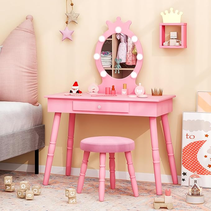 Costzon Kids Vanity, Girls Vanity Set with Mirror and Stool and Lights, Drawer, 2 in 1 Wooden Makeup Vanity Desk Dressing Table, Kids Vanity Table and Chair Set (Pink)
