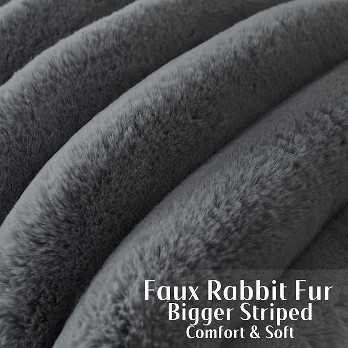 FUTEI Dark Grey Decorative Throw Pillow Covers 16x16 Inch Set of 2, Square Soft Faux Rabbit Fur Big Striped Cushion Cover,Home Decor for Couch Sofa Bed Living Room