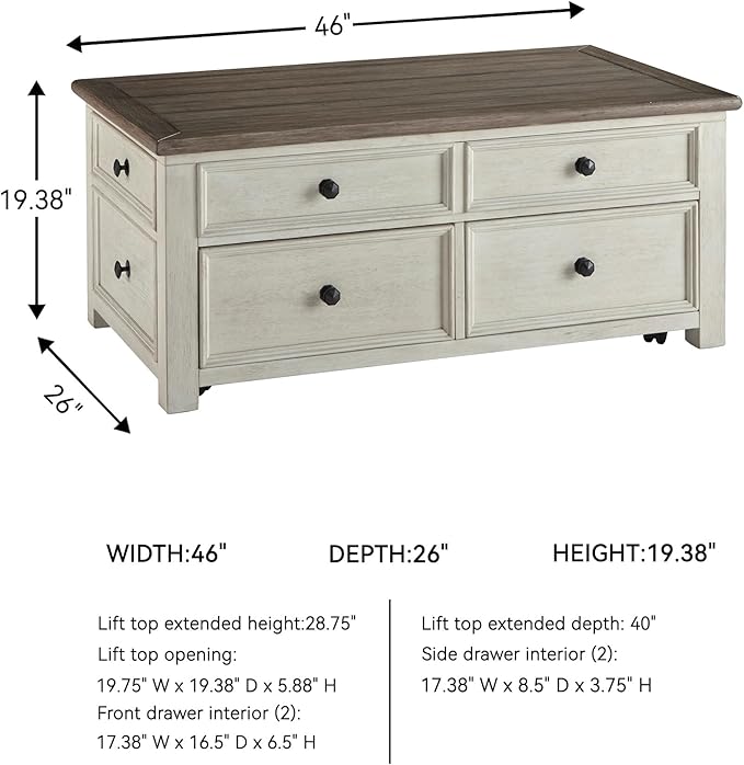 Signature Design by Ashley Bolanburg Lift-Top Coffee Table with Storage Two-Tone Rustic Farmhouse Cocktail Table – Brown/White