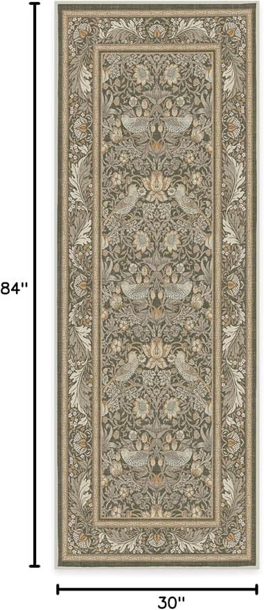 RUGGABLE x Morris & Co Machine Washable Runner Rug – Strawberry Thief Stone Gold 2.5x7, Stain-Resistant, Non-Slip – Washable Rug for Hallway, Entryway, Living Room & Kitchen–with Standard Pad