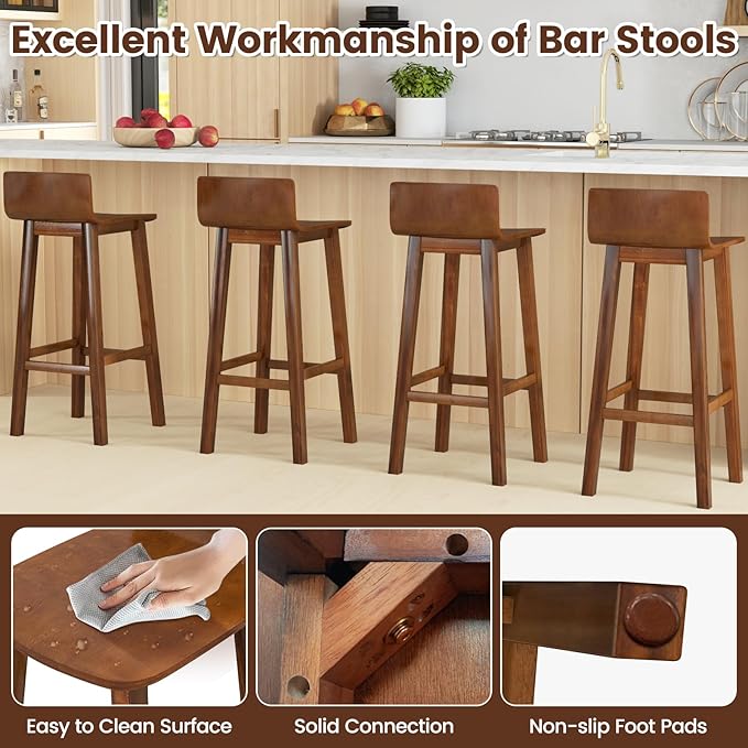 COSTWAY Solid Wood Bar Stools Set of 2, 29-inch Counter Height Chairs with Low Back and Footrest, Farmhouse Wooden Armless Barstools for Kitchen Island, Dining Room, Cafe, Breakfast, Brown