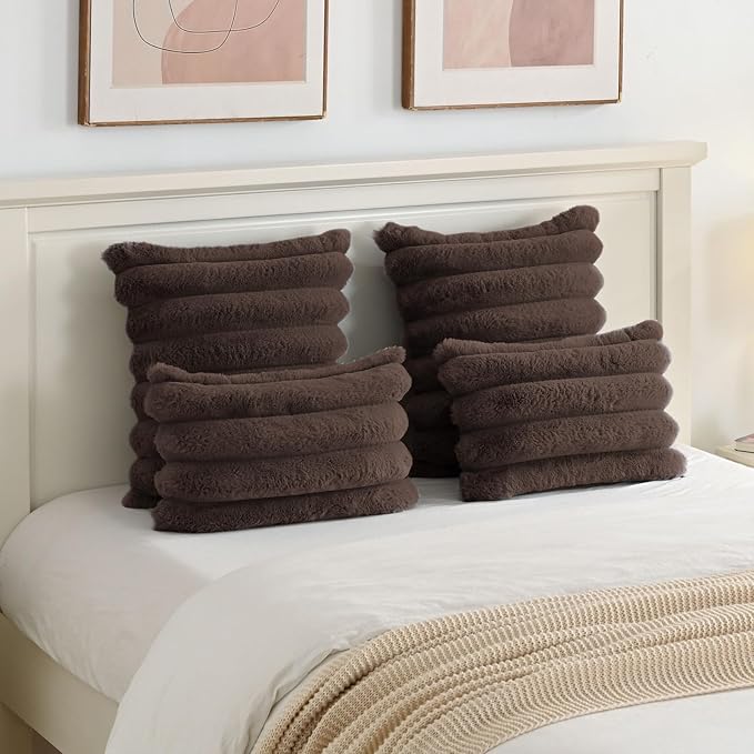 FUTEI Dark Coffee Decorative Throw Pillow Covers 24x24 Inch Set of 2, Square Soft Faux Rabbit Fur Big Striped Pillow Sham,Home Decor for Couch Sofa Bed Living Room