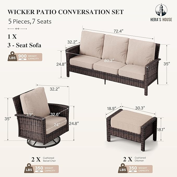 HERA'S HOUSE Patio Furniture Set with Swivel Chairs, High Back Outdoor Wicker Furniture with 5.5" Thick Cushions, Outside Conversation Sofa Sets for Backyard Deck Lawn, Beige