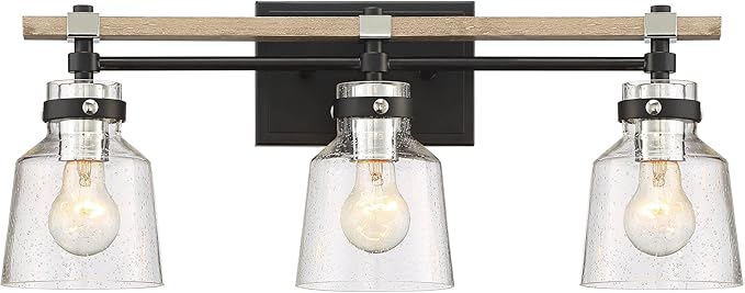 Possini Euro Design Broadway Modern Industrial Wall Light Black Painted Faux Wood Hardwired 23" 3-Light Fixture Clear Seedy Glass Shade for Bedroom Bedside Bathroom Vanity Living Room Hallway House