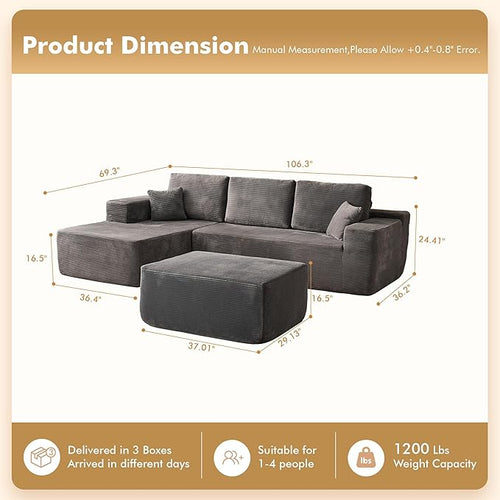 106" Cloud Sectional Couch with L-Shape Chaise & Ottoman, No Assembly Modular Sofa, Deep Seat Corduroy Boneless Couched for Living Room (Gray Stripe Corduroy, Left Facing Chaise with Ottoman)