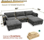KKL Modular Sectional Couches for Living Room, Chenille 5 Seater Sofa Couch with Adjustable Backrest, Sofa Couch with Comfy Cushion, Dark Grey