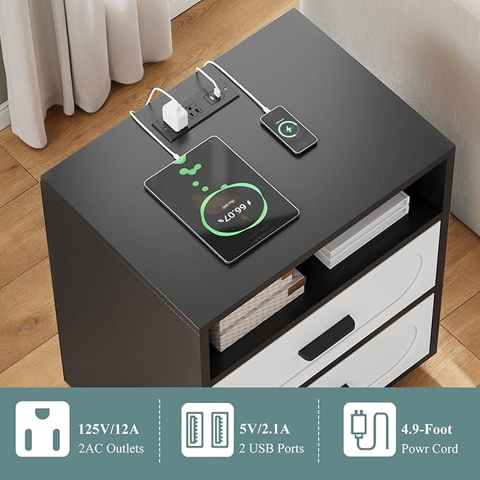 Nightstand with Charging Station, 21.7" Wide Bedside Table with 2 Storage Drawers & Open Shelf, Mid Century Modern Wood End Table for Bedroom, Living Room, Black/White