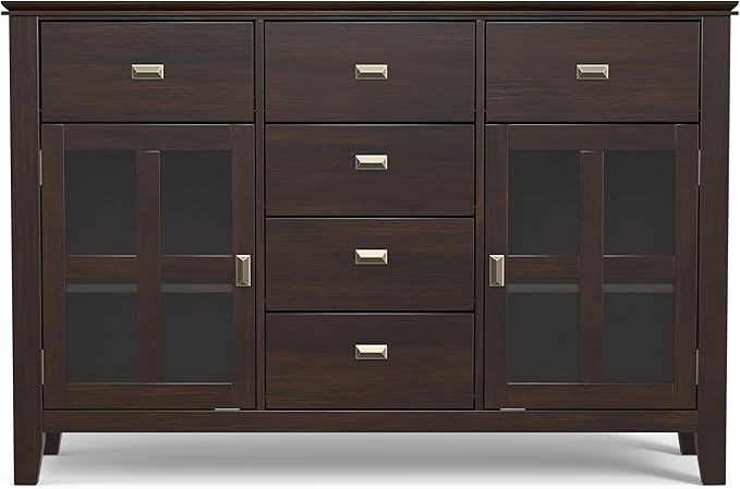 SIMPLIHOME Artisan Buffet - 54 inch Wide Solid Wood 3-Door Sideboard Buffet in Dark Chestnut Brown, Transitional Storage Cabinet for Dining Room or Kitchen with Adjustable Shelves and Bronze Hardware