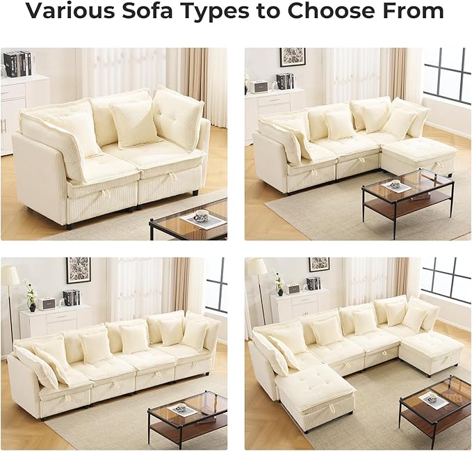 103" Modular Sectional Sofa, L-Shaped Corduroy Comfy Sectional Couches for Living Room, 3-Seater Cloud Couches with 1 Ottoman, Modern Deep Seat Sofa with Large Storage, Corduroy Beige