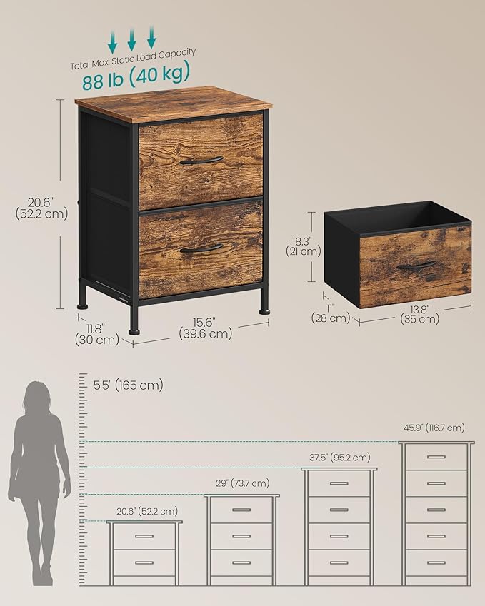 SONGMICS Dresser for Bedroom, Chest of Drawers, Nightstand, Steel, MDF, 2 Non-Woven Fabric Drawers, Storage Organizer Unit, Closet, Entryway, Rustic Brown and Ink Black ULGS312B02S